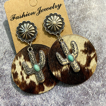 Western Cowhide Cactus Dangle Earrings