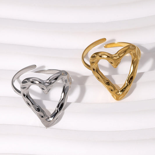 Hammered Hollow Heart Adjustable Rings