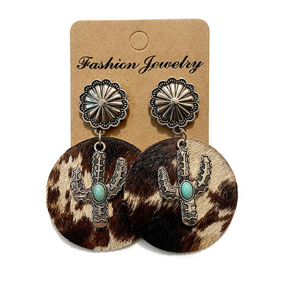 Western Cowhide Cactus Dangle Earrings