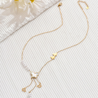 Dainty Shell Butterfly Layered Lariat Necklace