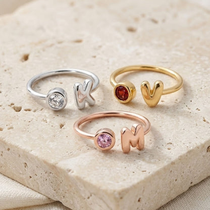 Custom Bubble Initial Letter Birthstone Ring