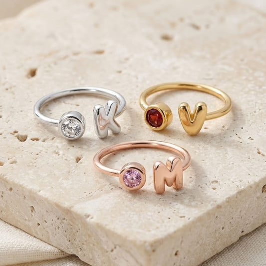 Custom Bubble Initial Letter Birthstone Ring
