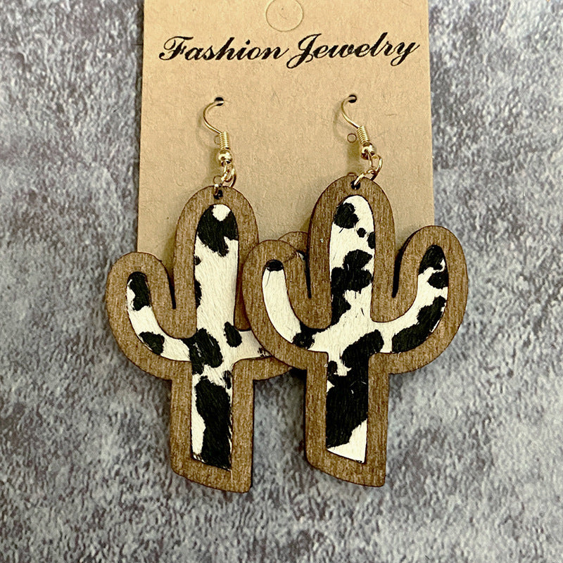 Cowhide Cactus Wooden Dangle Earrings