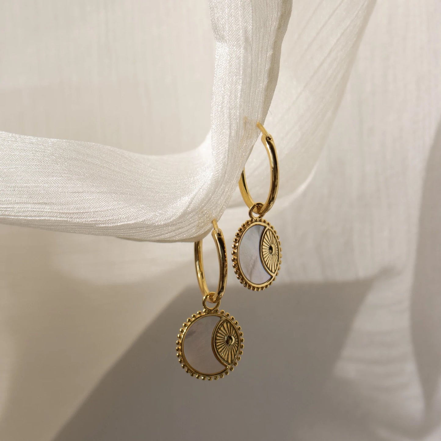 Sun & Moon Shell Charm Hoop Earrings