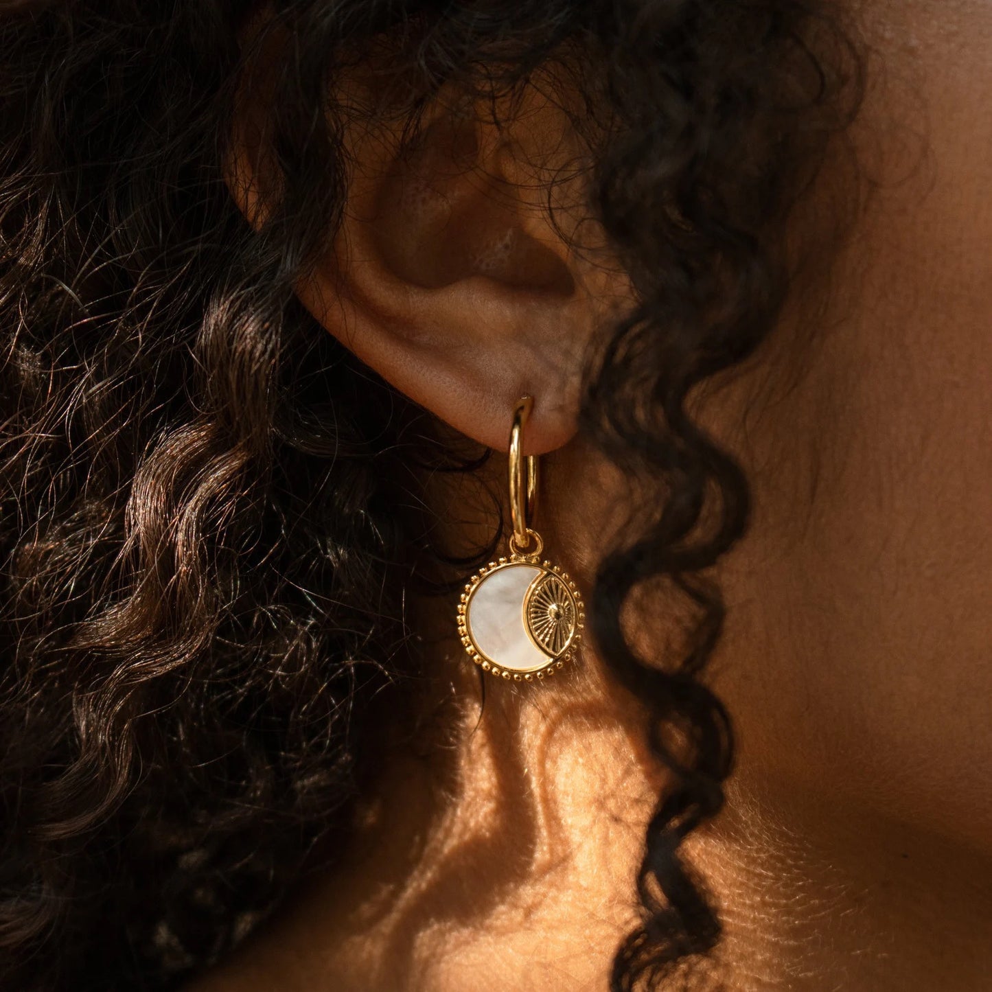 Sun & Moon Shell Charm Hoop Earrings