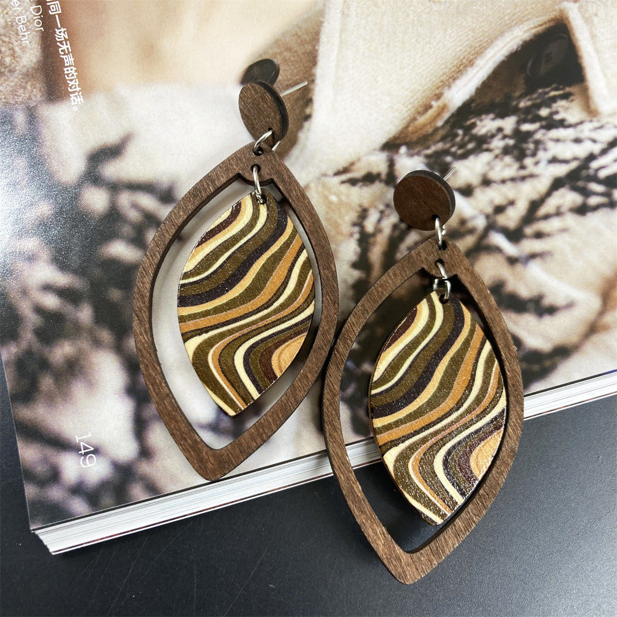 Abstract Leaf Wood Dangle Earrings