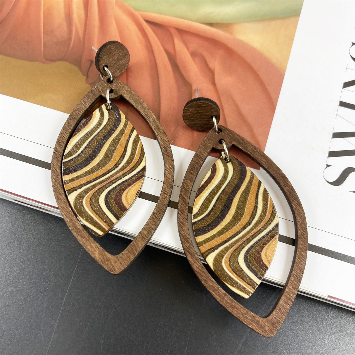 Abstract Leaf Wood Dangle Earrings