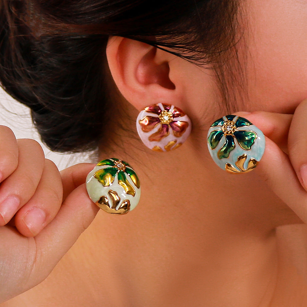 Art Flower & Dragonfly Stud Earrings