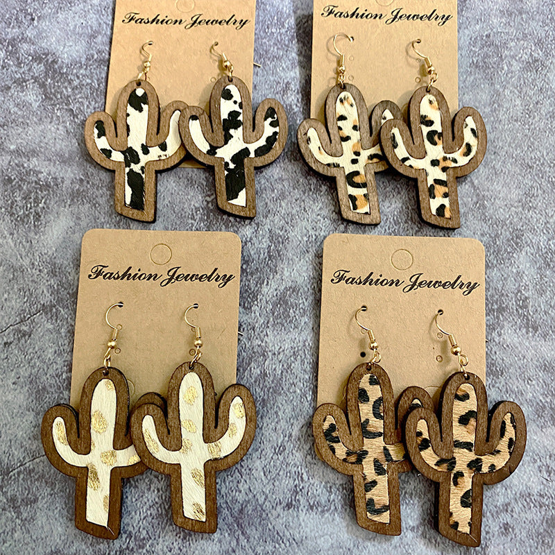 Cowhide Cactus Wooden Dangle Earrings