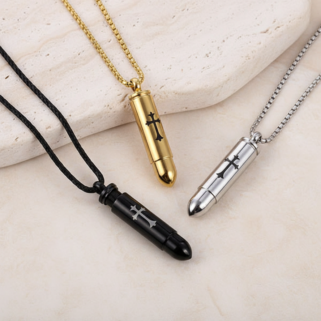 Engraved Cross Bullet Urn Necklace