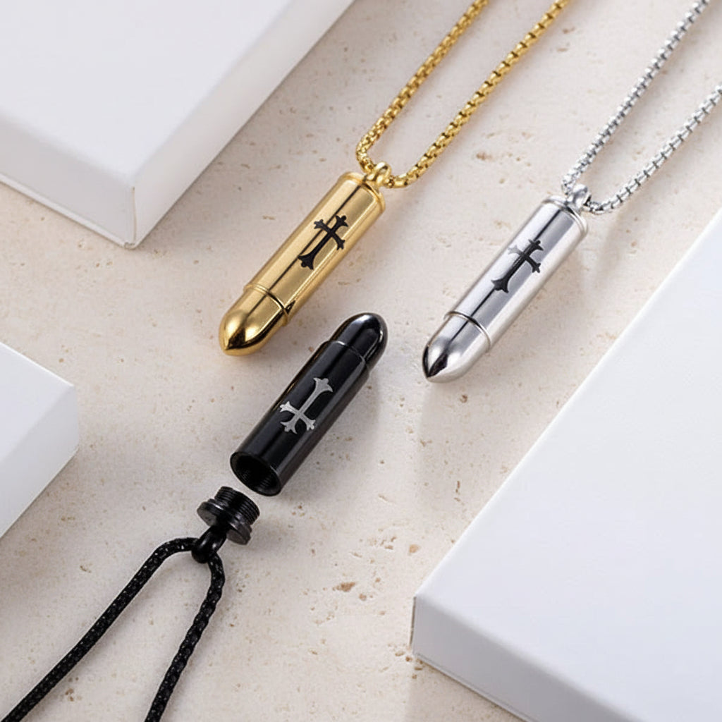 Engraved Cross Bullet Urn Necklace