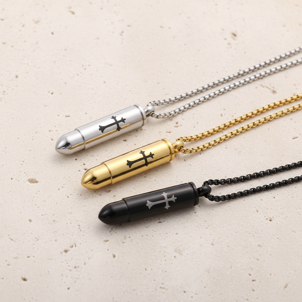 Engraved Cross Bullet Urn Necklace