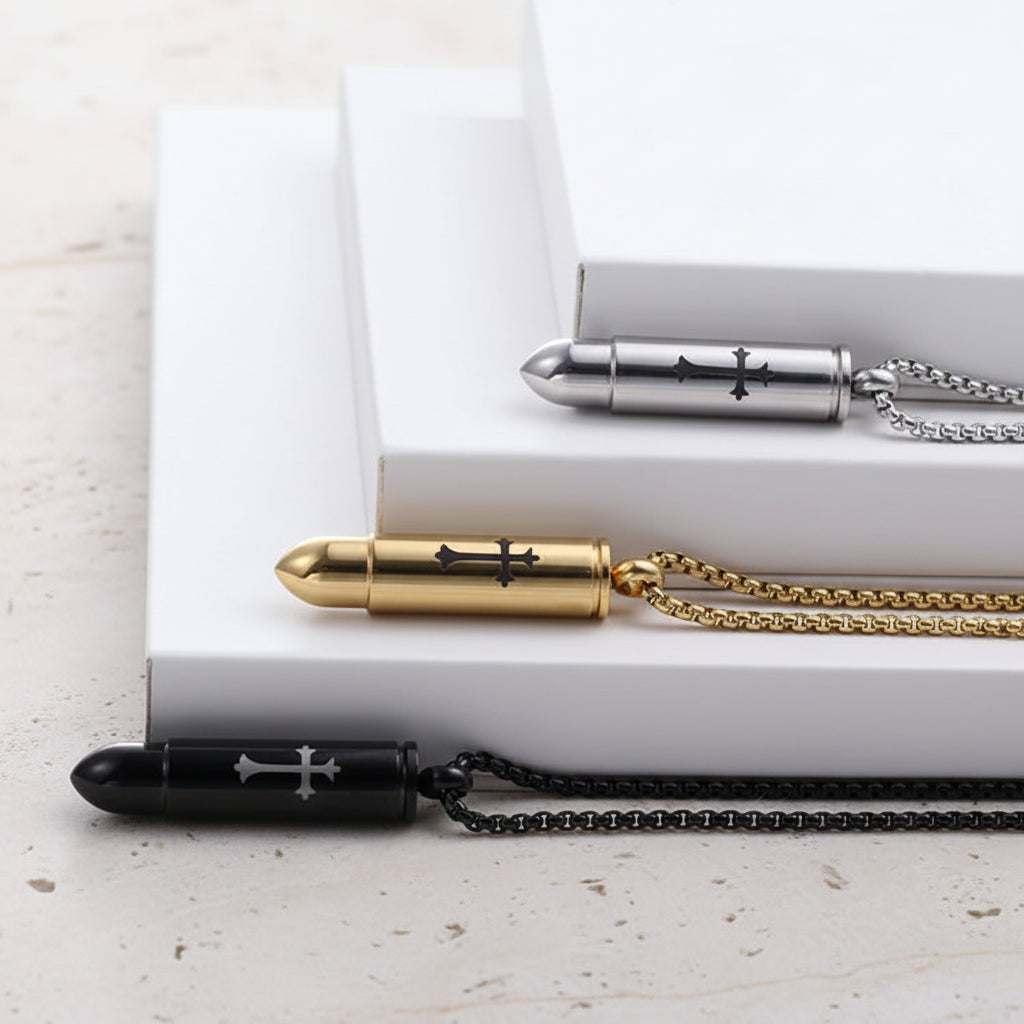 Engraved Cross Bullet Urn Necklace