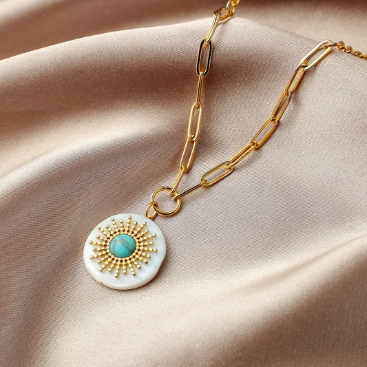 Boho Turquoise Sun  18K Gold Pendant Necklace