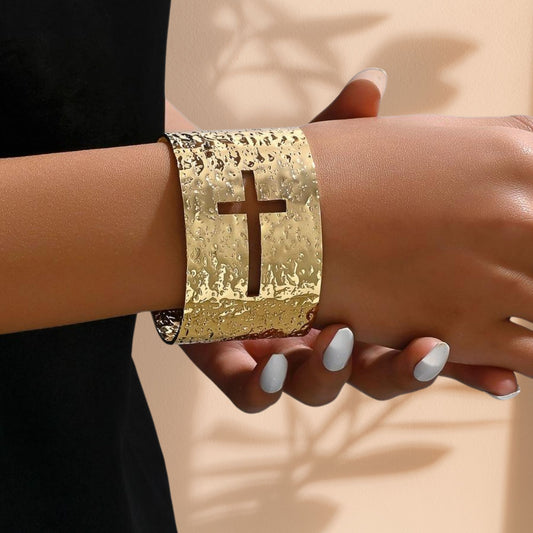 Cross Hammered Gold Cuff Bracelet