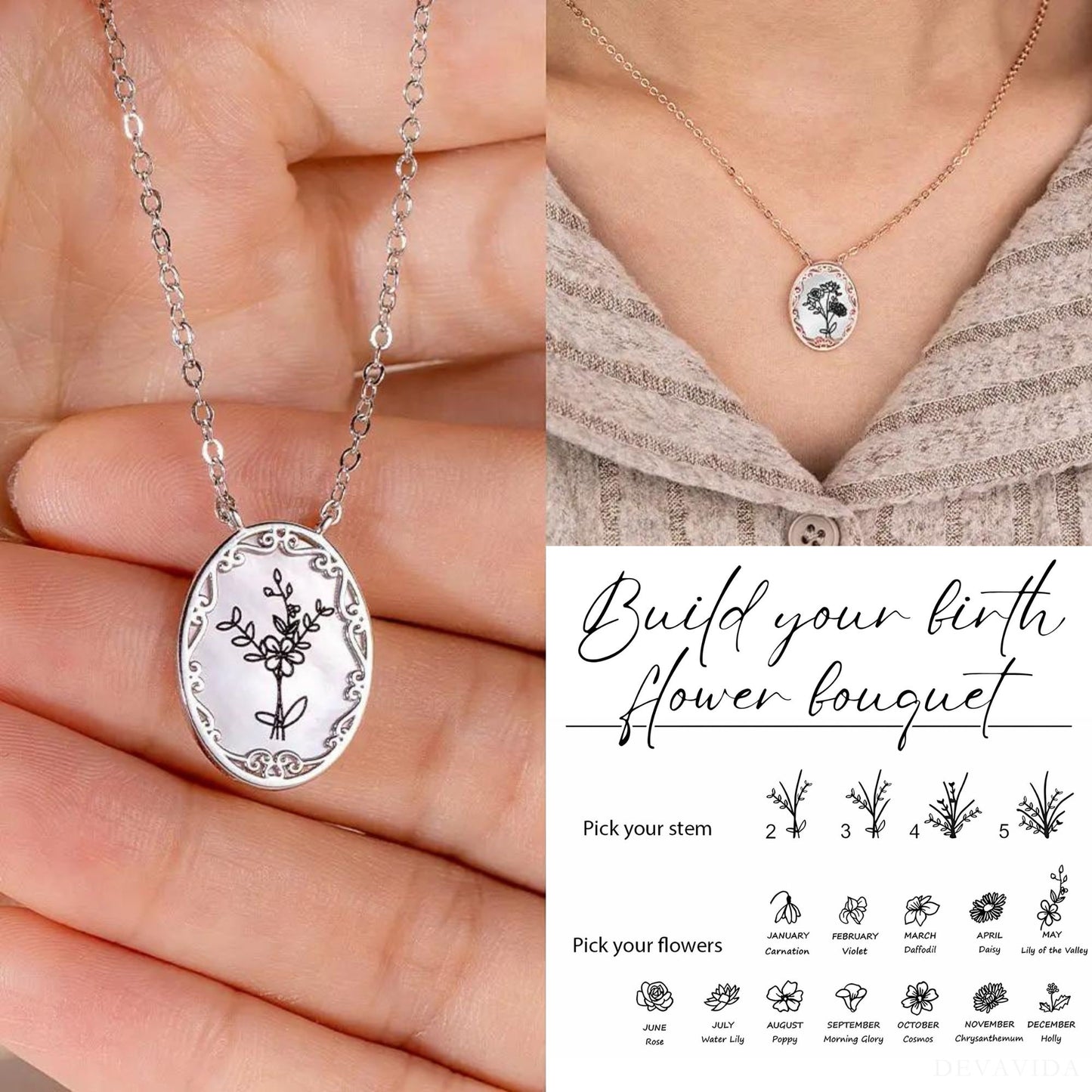 Custom Birth Flower Bouquet Necklace