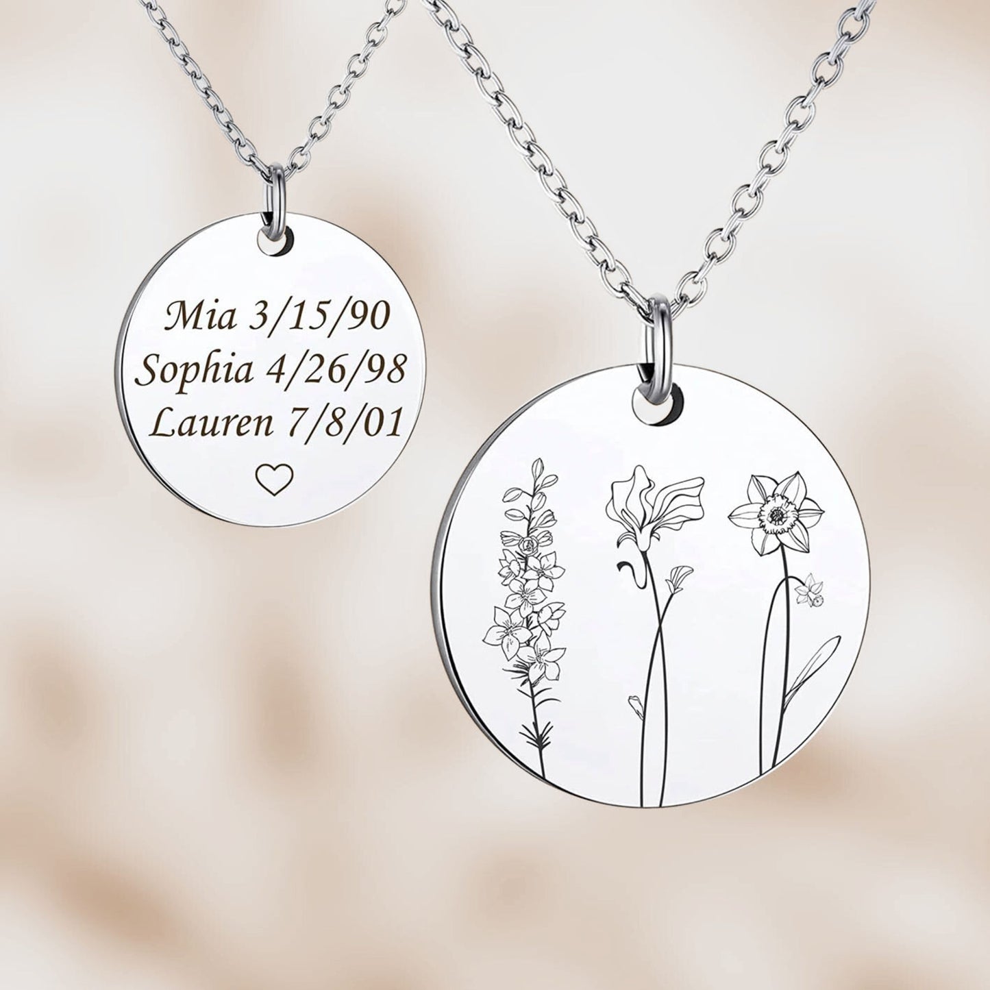 Combined Birth Flowers Engraved Necklace