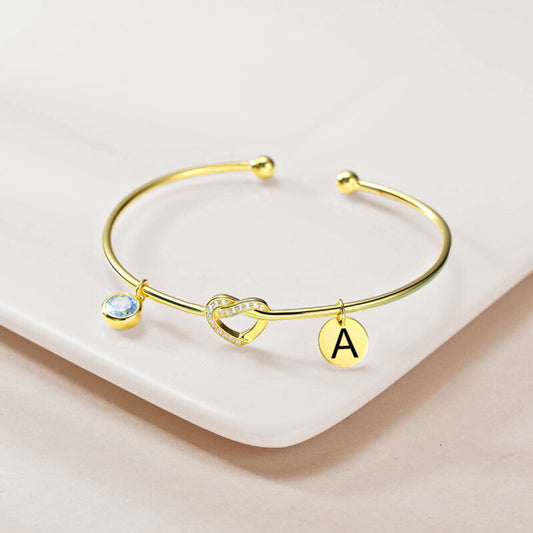 Engraved Initial Heart Bangle with Birthstone