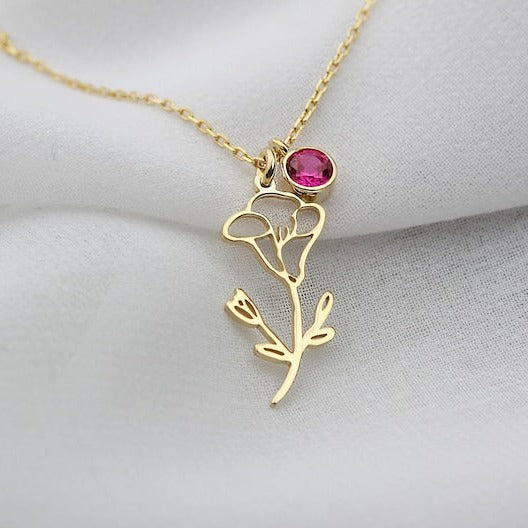 Custom Birth Flower & Birthstone Necklace 925 Sterling Silver