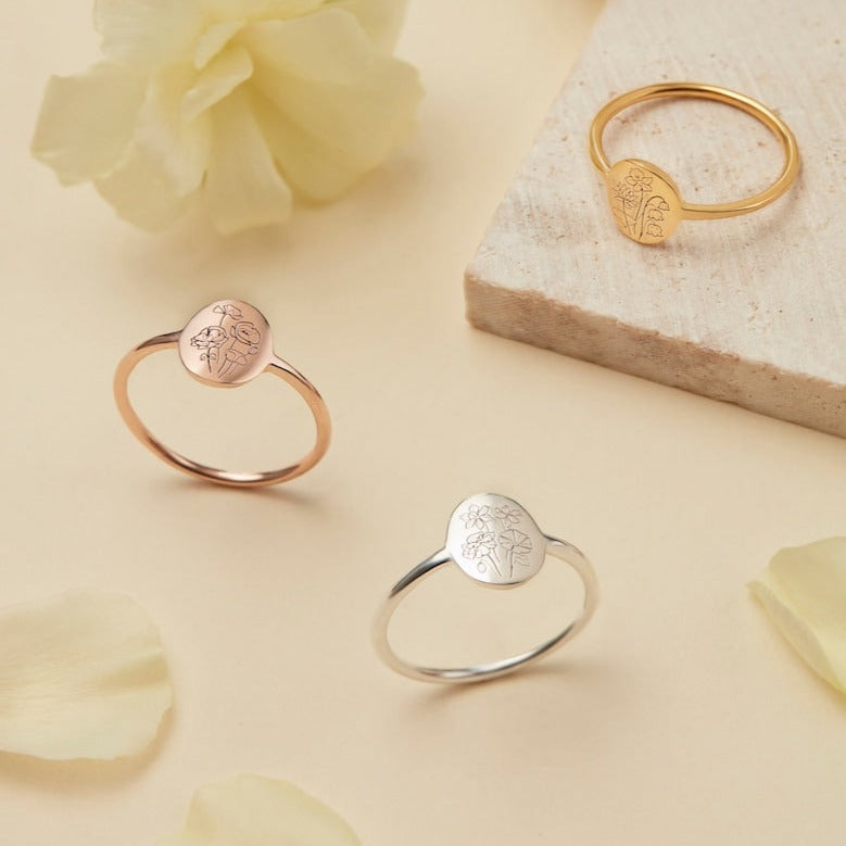 Personalized Birth Flower Signet Ring