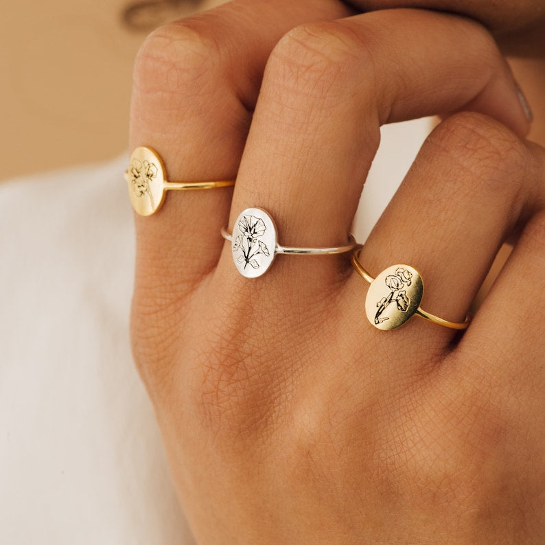 Personalized Birth Flower Signet Ring