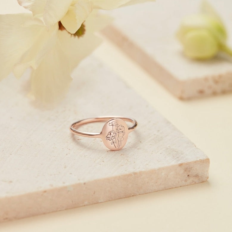 Personalized Birth Flower Signet Ring