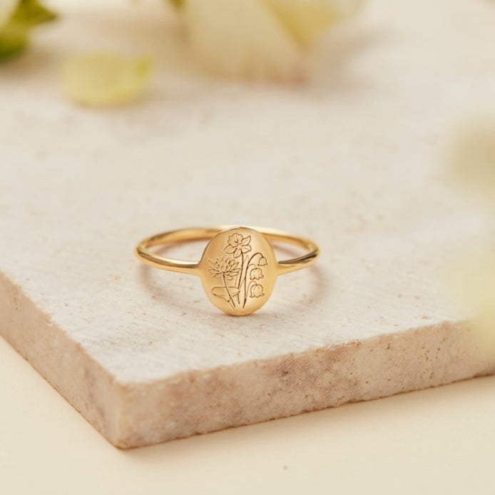 Personalized Birth Flower Signet Ring