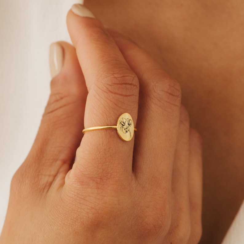 Personalized Birth Flower Signet Ring