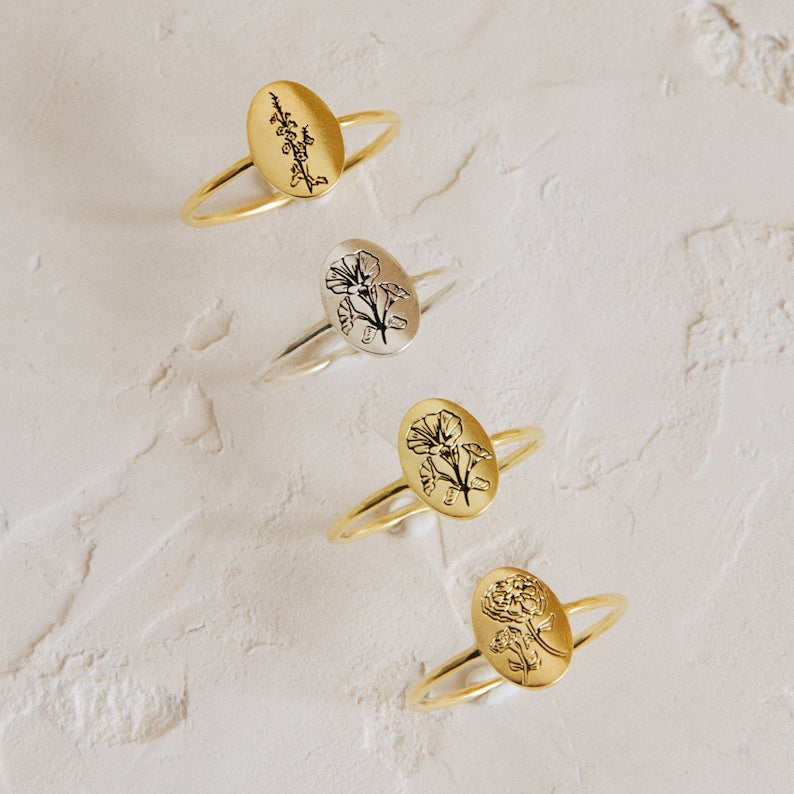 Personalized Birth Flower Signet Ring