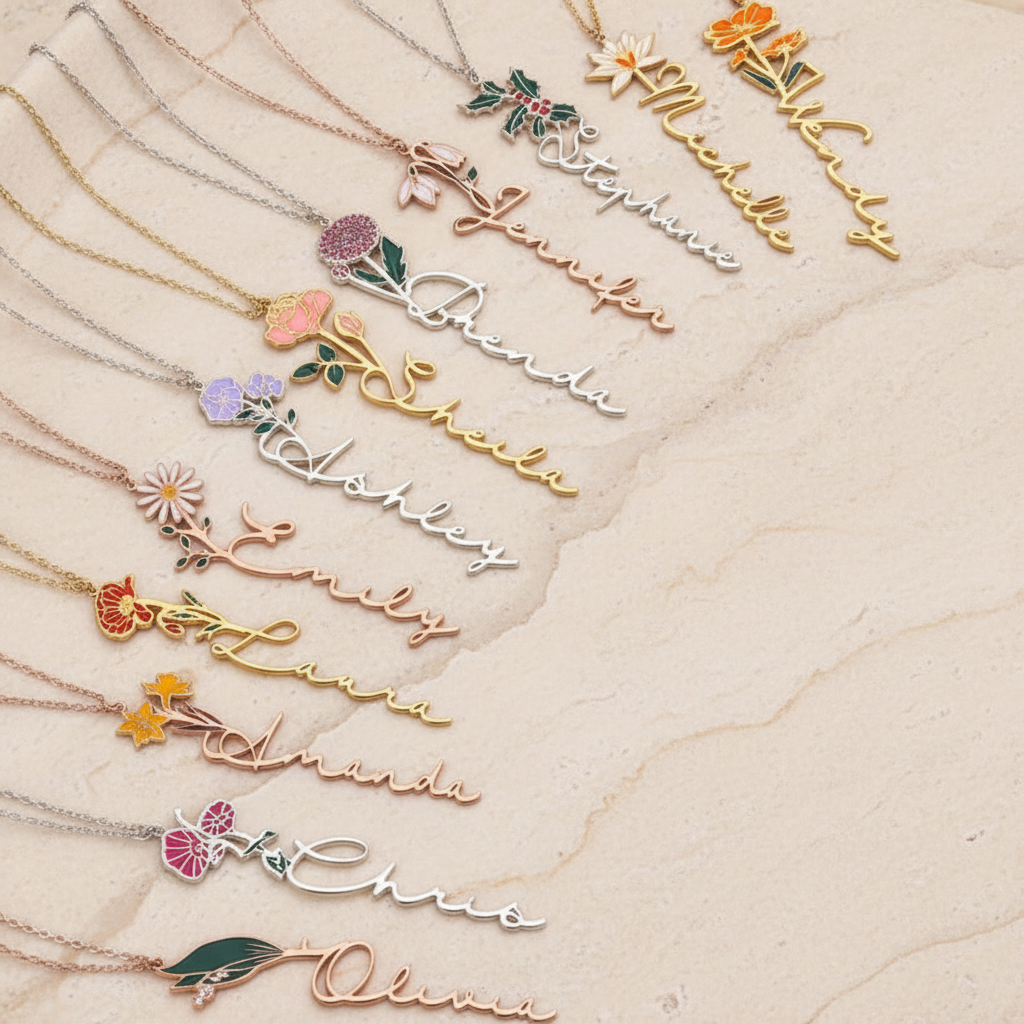 Personalized Birth Flower Name Necklace