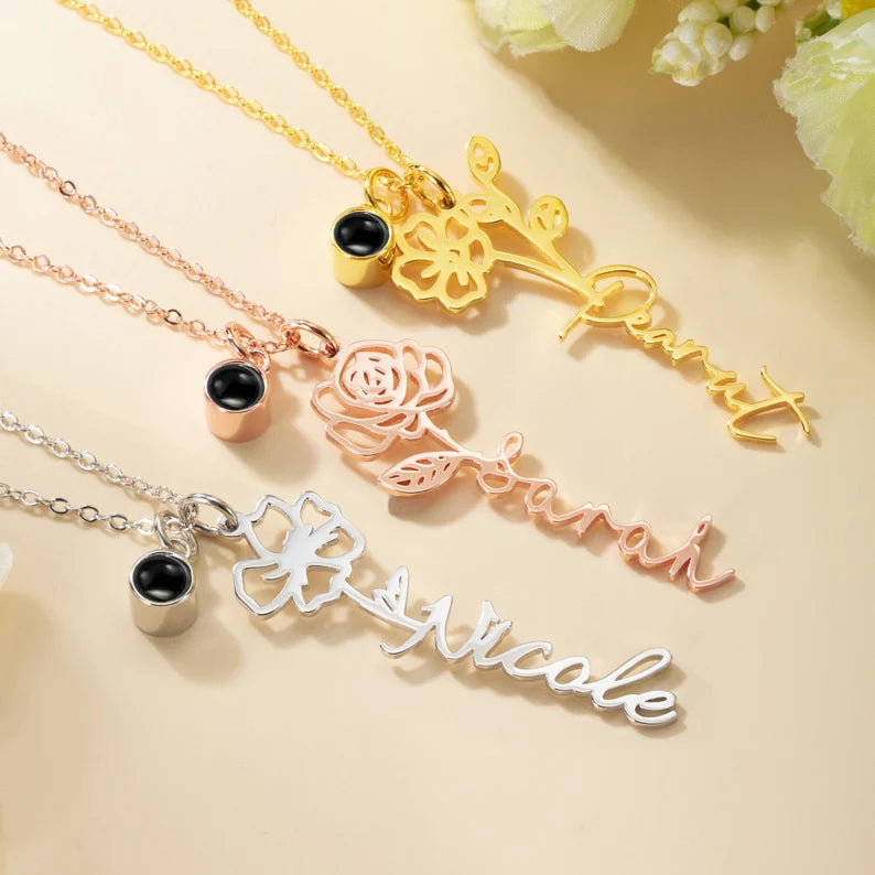 Personalized Birth Flower Name Projection Necklace