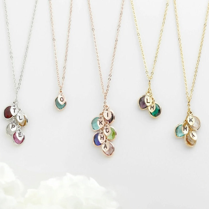 Combined Family Birthstones & Initials Necklace