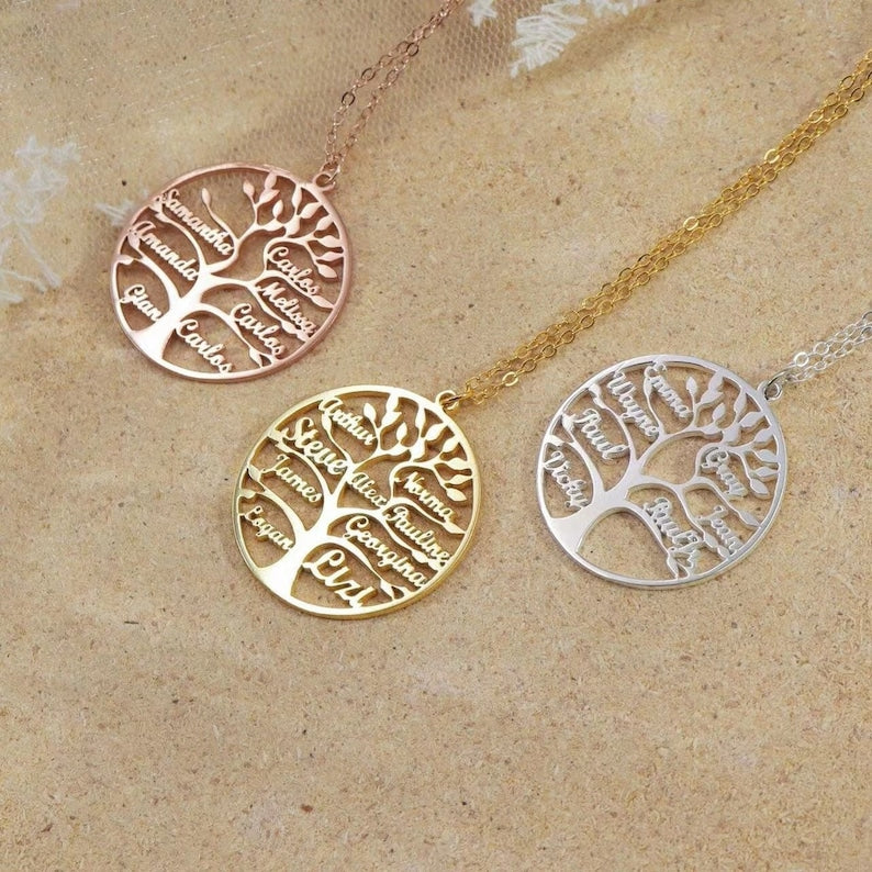 Personalized Family Names Tree Necklace Sterling Silver 925