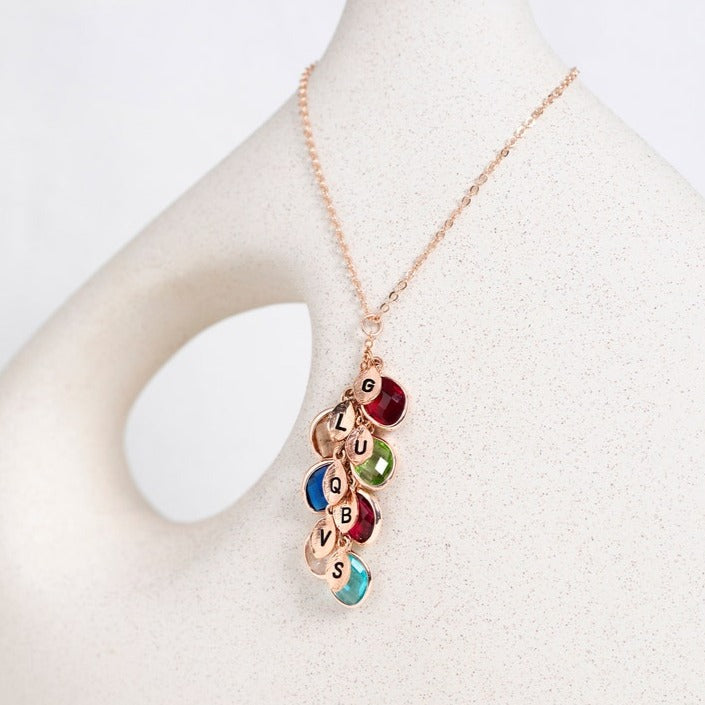 Combined Family Birthstones & Initials Necklace