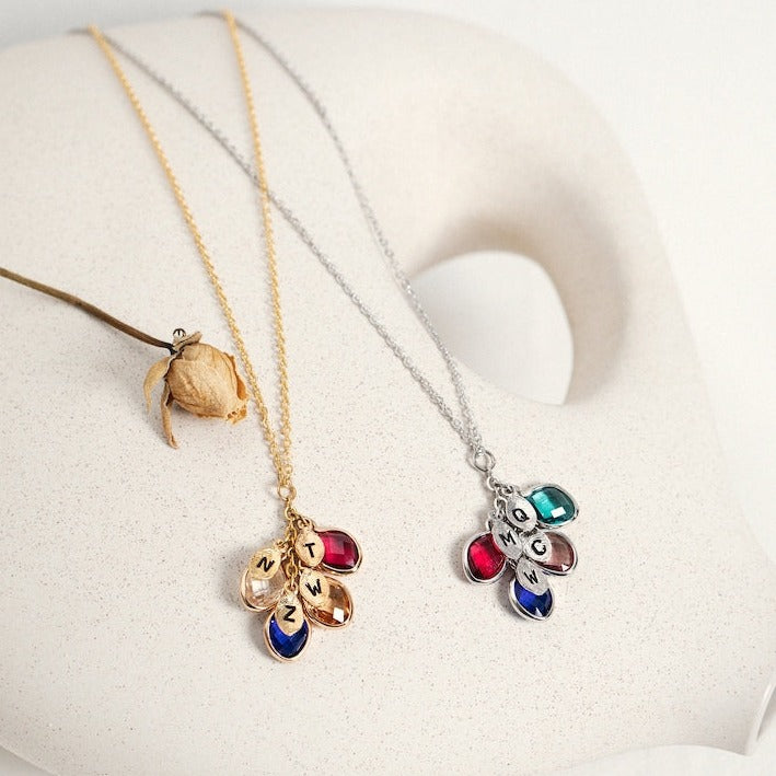 Combined Family Birthstones & Initials Necklace