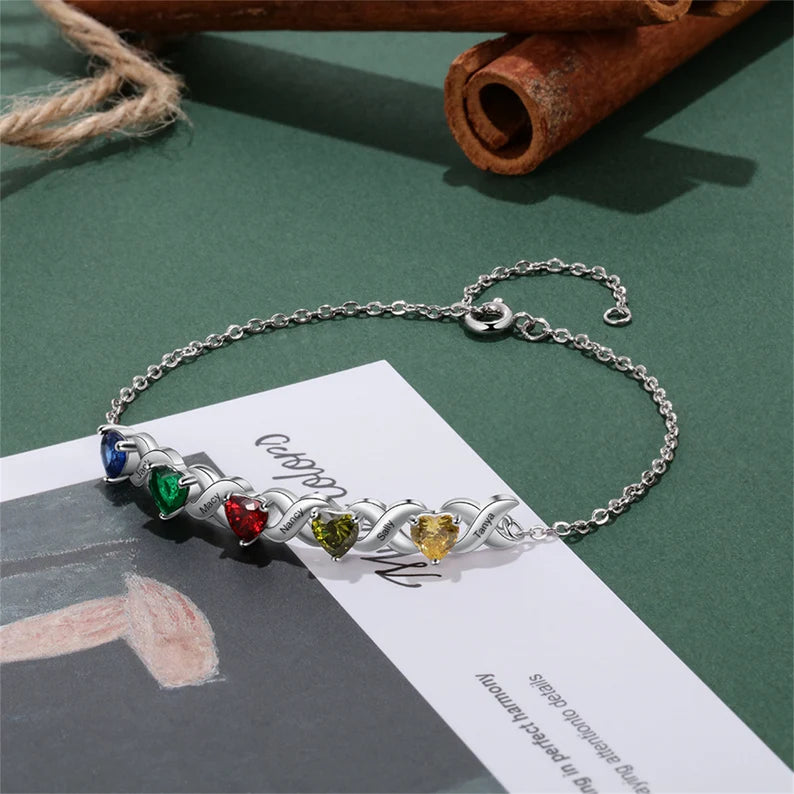 Custom Combined Birthstones Bracelet with Names