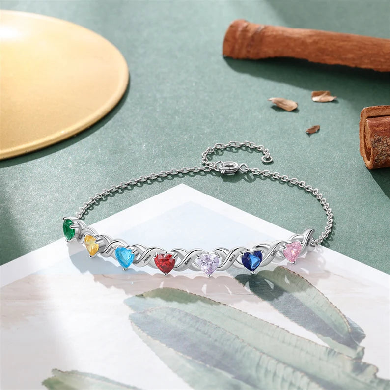 Custom Combined Birthstones Bracelet with Names