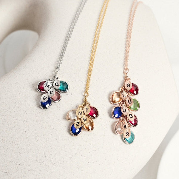 Combined Family Birthstones & Initials Necklace