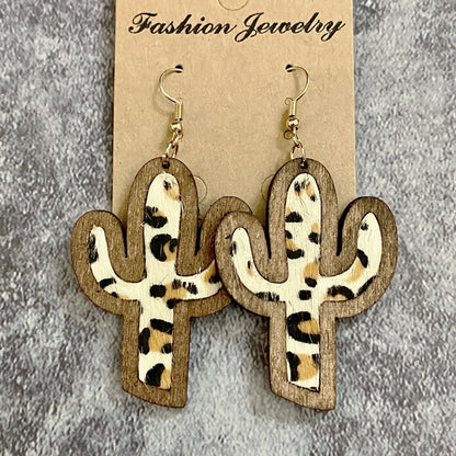 Cowhide Cactus Wooden Dangle Earrings