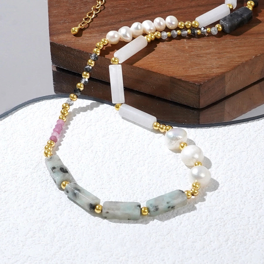 Boho Gemstone & Pearl Beaded Necklace