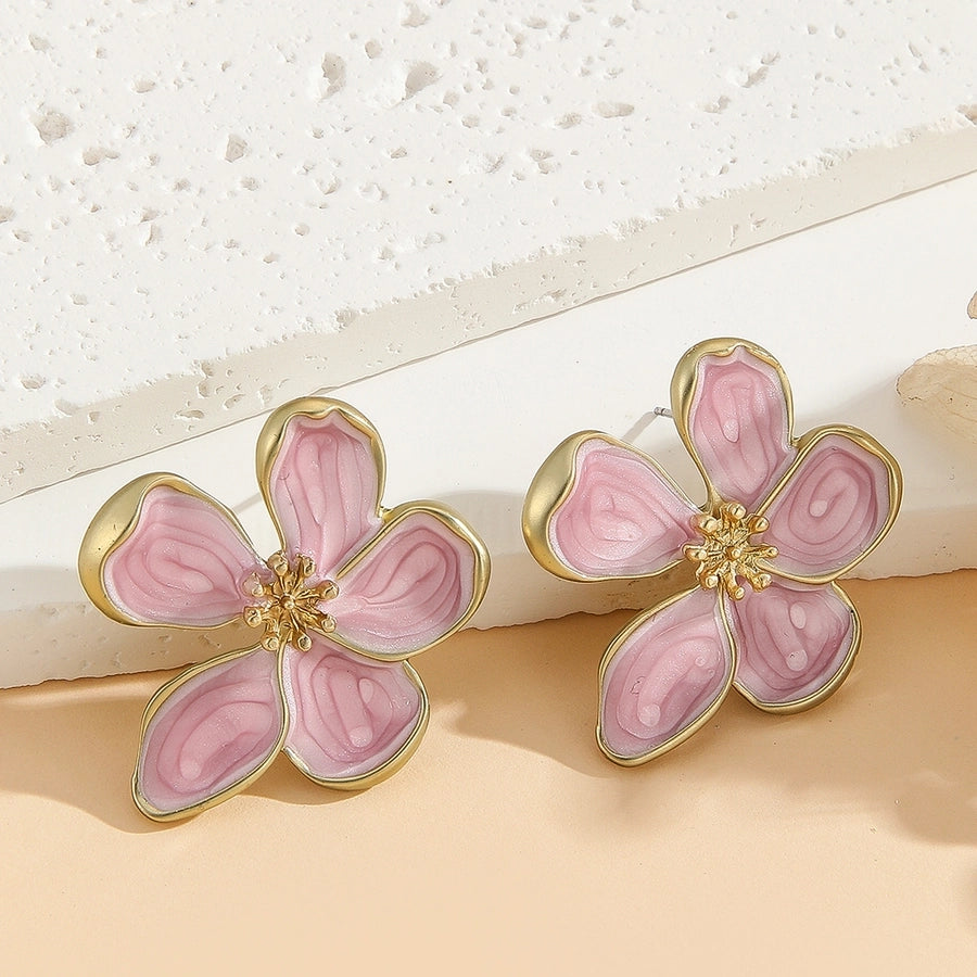 Pink Enamel Flower Stud Earrings