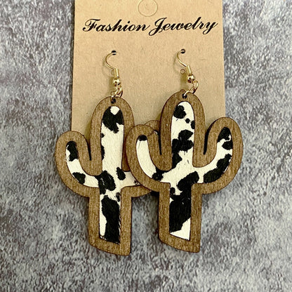 Cowhide Cactus Wooden Dangle Earrings