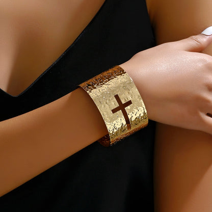 Cross Hammered Gold Cuff Bracelet