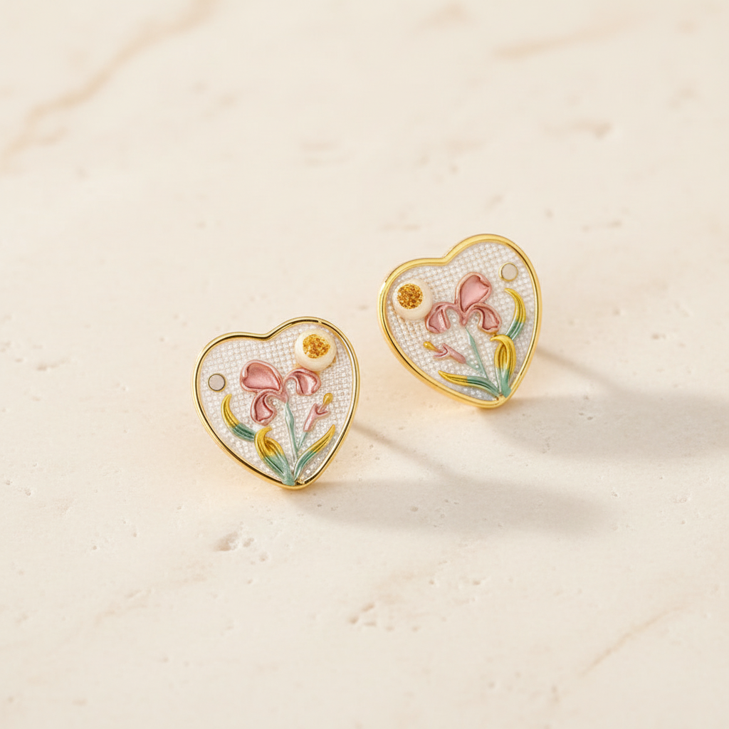 Hand Painted Iris Heart Stud Earrings