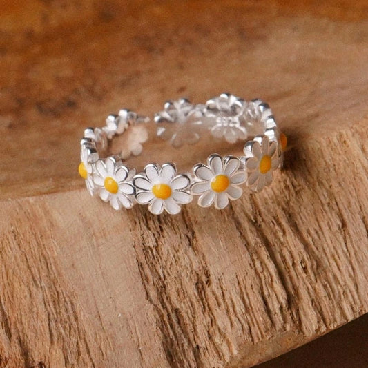 Dainty Enamel Daisy Open Band Ring