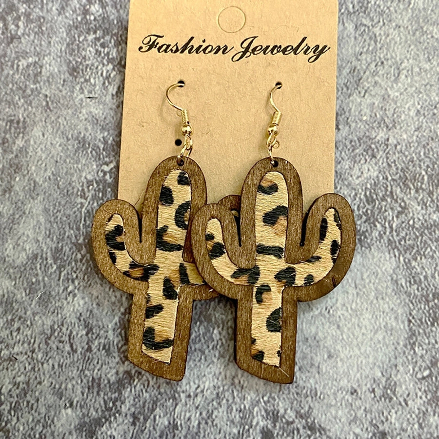 Cowhide Cactus Wooden Dangle Earrings