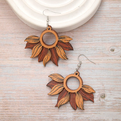 Retro Wood Sunflower Dangle Earrings