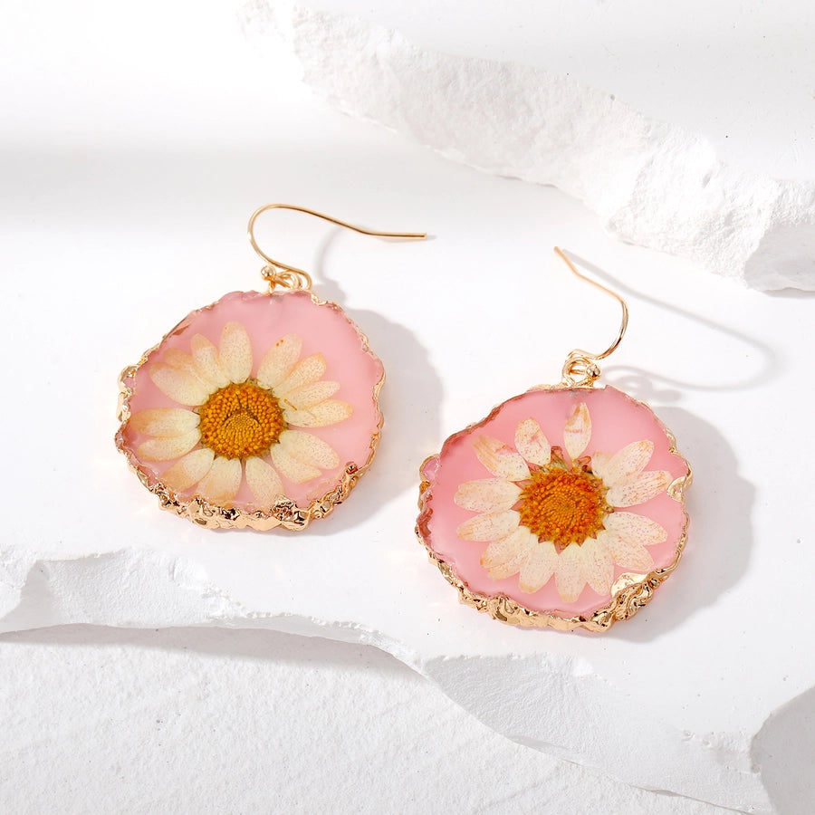 Colorful Pressed Daisy Resin Dangle Earrings