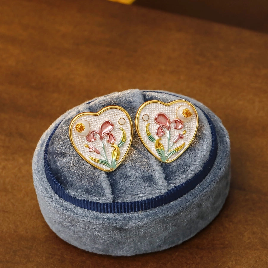 Hand Painted Iris Heart Stud Earrings