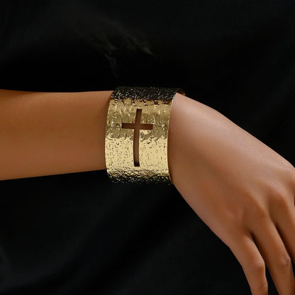 Cross Hammered Gold Cuff Bracelet